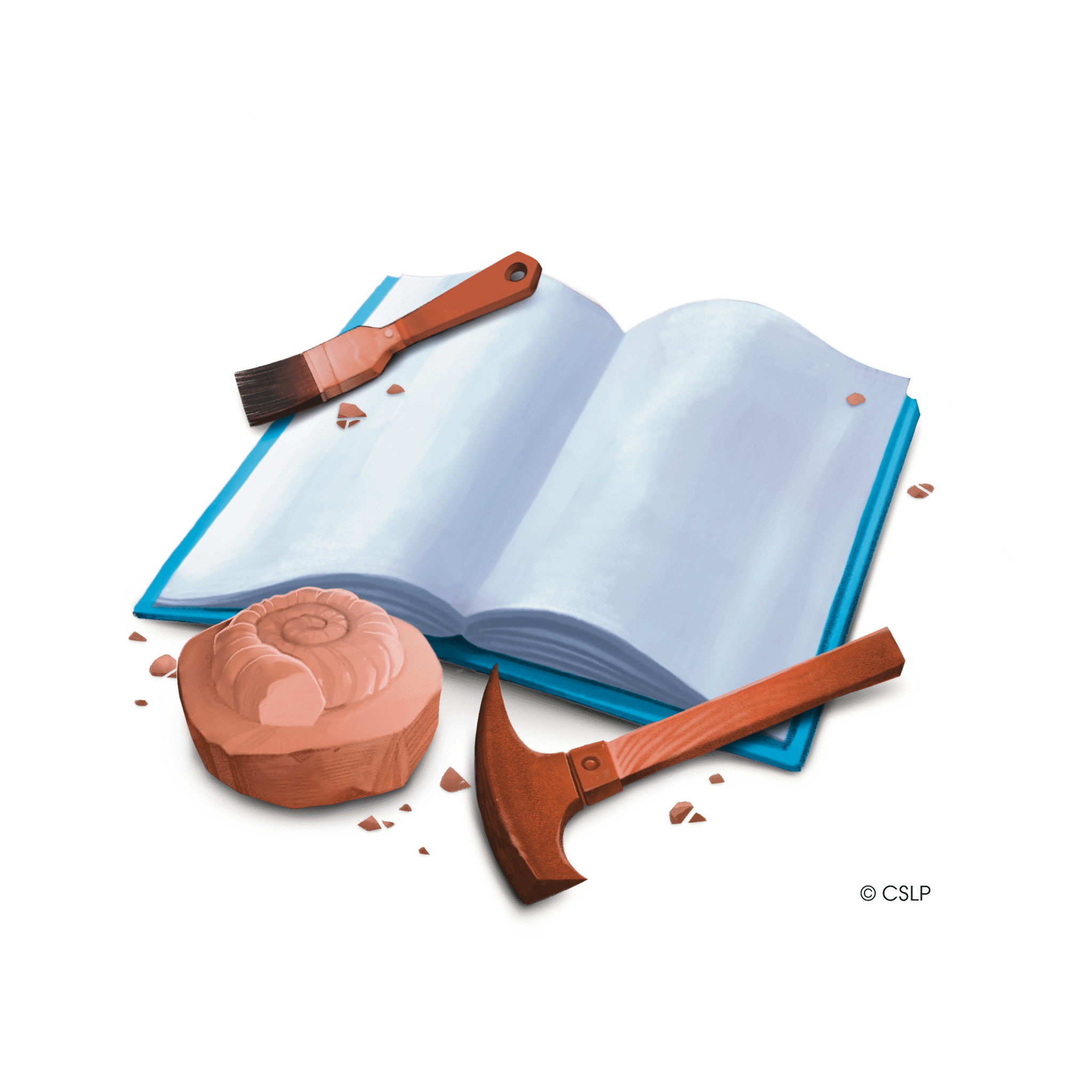 Blank open book with blue cover. Surrounded by archaeological tools, fossil, and clumps of dirt