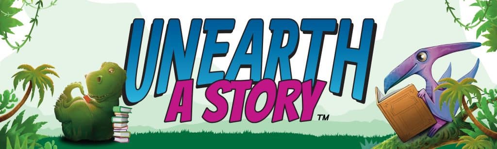 CSLP_Slogan_Graphic_Horizontal-_Unearth a Story colorful with dinosaurs